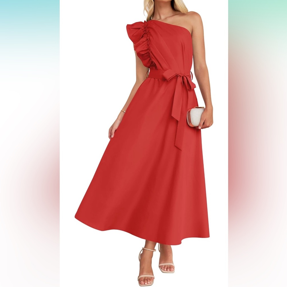 Summer One Shoulder Ruffle Dress Sleeveless Empire Waist Boho Flowy Maxi Dresses
